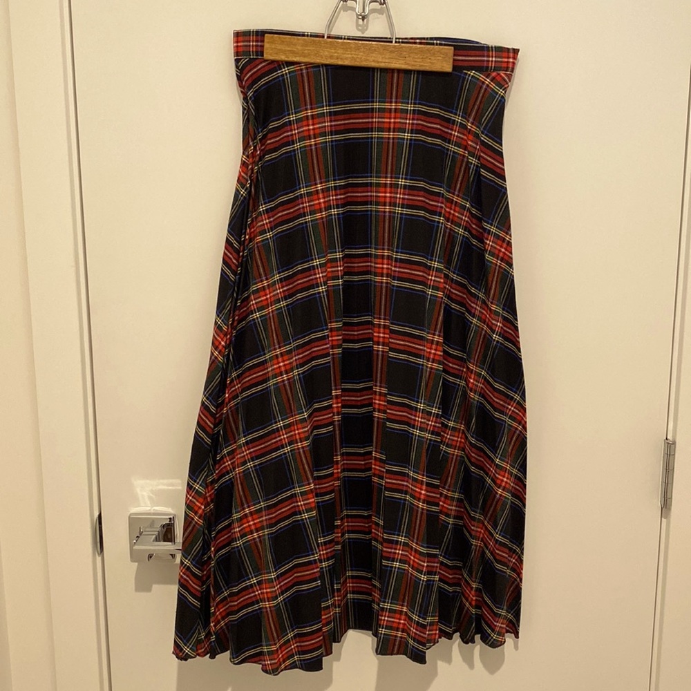 Red pleated checkered skirt